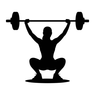 Halter çökerken siyah bir kadın silueti. Kolları açık bir halter tutuyor ve vücudu derin bir çömelme pozisyonunda. Ayakları yere sağlam basıyor ve atletik ayakkabılar giyiyor. Siluet.