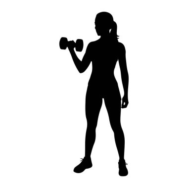Siyah bir kadın silueti, bacakları açık, sağ elinde bir dambıl tutan, dirseğinden bükülmüş, biseptik kıvrımlar yapan bir kadın gibi duruyor. Saçını at kuyruğuyla arkaya çektiriyor. Siluet beyaz bir arkaplanda izole edilmiş..