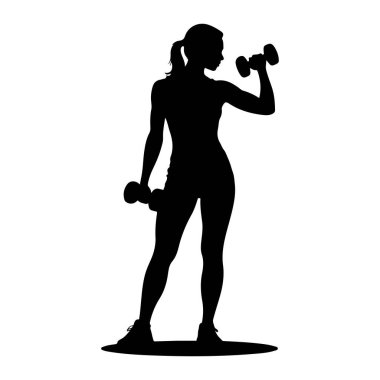 Beyaz arka planda siyah bir kadın silueti tasvir edilir. Bir kolu bükülmüş, dambıl omuzuna doğru yükselirken, diğer kolu aşağı doğru uzanmış, iki elinde de dambıl tutuyordu. Evet.