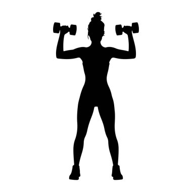 Bir kadının siyah silueti, iki elinde de dambıl tutan kolları havada durur. Atletik kıyafetler giyiyor ve saçı topuz şeklinde çekiliyor. Arkaplan düz beyaz.