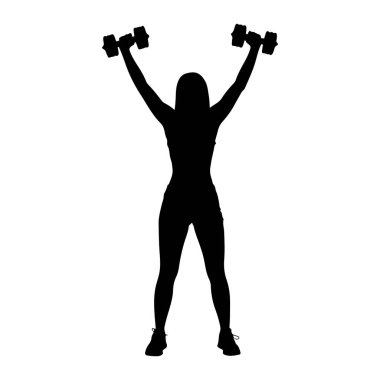 Siyah bir kadın silueti kolları havada duruyor, her iki elinde de bir dambıl tutuyor. O atletik şort ve ayakkabı giyiyor. Siluet beyaz bir arkaplanda izole edilmiş, bir çalışma sırasında odaklanmış hareket ve güç hissi veriyor.
