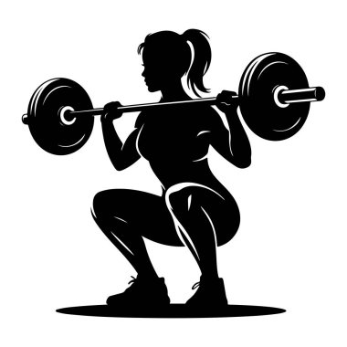 Halter çökerken siyah bir kadın silueti. Yandan tasvir ediliyor, saçları at kuyruğu içinde, sırtında halterle. Vücudu derin bir çömelme pozisyonunda, dizleri bükük ve bacakları açık. Halter. 