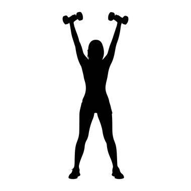 Siyah bir kadın silueti bacakları ayrık ve kolları başının üstünde duruyor, her iki elinde de dambıllar var. O atletik şort ve ayakkabı giyiyor. Arka plan bembeyaz..