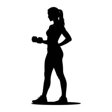 Sol elinde bir dambıl tutan siyah bir kadın silueti. O atletik giysiler ve ayakkabılar giyiyor ve saçları at kuyruğu şeklinde bağlanmış. Arkaplan beyaz.