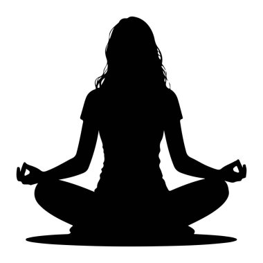 Bir kadının siyah silueti nilüfer çiçeği pozunda otururken tasvir edilir, bacakları çapraz ve elleri dizlerinin üzerinde dinlenir, her biri bir mudra hareketinde parmakları ve başparmakları birbirine dokunur. Uzun, dalgalı saçları omuzlarından aşağı dökülüyor. Şekil isol.