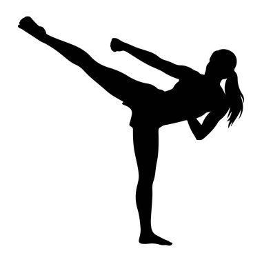 Siyah bir kadın silueti, hareketin ortasında yüksek bir tekme atıyor. Sağ bacağı yukarı ve öne doğru uzanıyor, sol bacağı yere yerleştiriliyor. Kolları denge ve savunma pozisyonunda, sağ yumruğunu sıkıca kavrayıp uzatıyor.