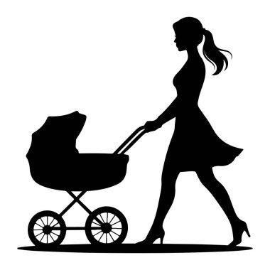 Saçları at kuyruğu olan, elbise ve topuklu ayakkabı giyen siyah bir kadın silueti bebek arabasını itiyor. Arabanın iki tekerleği, telleri ve yuvarlak bir üstü var. Görüntü, beyaz arkaplanda temiz ve izole bir grafiktir..