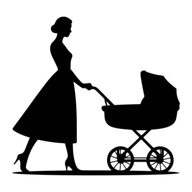 Eski moda elbiseli ve topuklu ayakkabılı siyah bir kadın silueti bebek arabasını itiyor. Arabanın yuvarlak bir kaputu ve dört tekerleği var. Kadın soldan sağa yürüyor, arabanın sapını tutuyor. Görüntü basit bir grafik.