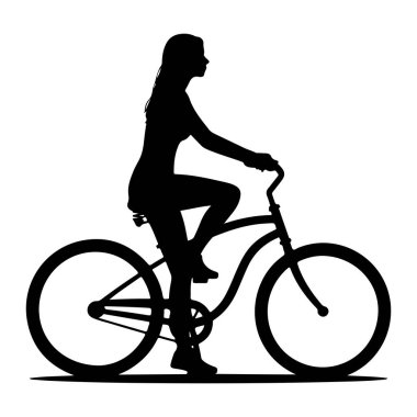 Bisiklet süren bir kadının siyah silueti beyaz arka planda resmedilir. Kadın profilden gösteriliyor, bisikletin üzerinde oturuyor ve gidonu tutuyor. Bisikletin iki büyük tekerleği olan klasik bir çerçeve tasarımı var. Görüntü temiz.