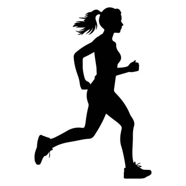 Profilde koşan siyah bir kadın silueti. Saçları at kuyruğu şeklinde geri çekiliyor ve rüzgarda savruluyor gibi görünüyor. O atletik ayakkabılar giyiyor ve kolları dirseklerinden koşan bir duruşla bükülüyor. Arka plan bembeyaz..