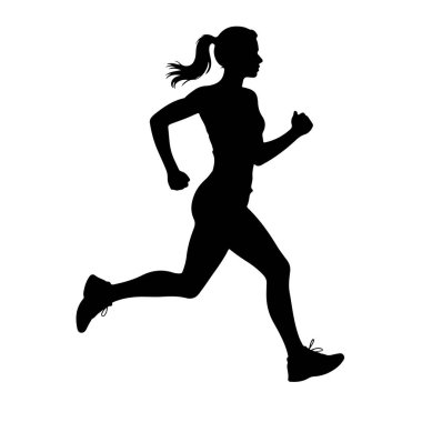 Hareket halindeki bir kadının siyah silueti kolları bükük ve yumruklarını sıkarak koşuyor. Saçları arkasında akmakta olan bir at kuyruğuyla geri çekiliyor. O, atletik ayakkabılar giyiyor. Arkaplan düz beyaz.