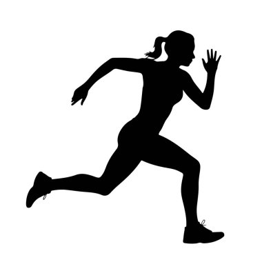 Hareket halindeki bir kadının siyah silueti, koşarken orta adımda yakalanmış. Vücudu öne doğru açılı, bir bacağı arkaya uzanıyor ve diğeri öne doğru eğiliyor. Kolları koşmak için konumlanmış, biri öne doğru uzanıyor.
