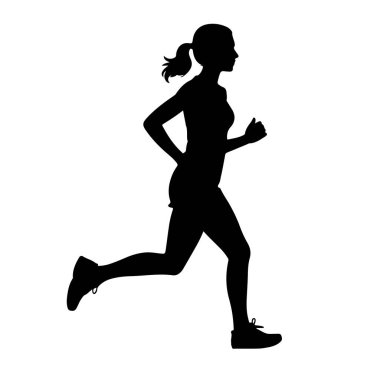 Profilde siyah siluet bir kadın, koşarken orta basamakta yakalandı. Saçları at kuyruğu şeklinde geri çekilmiş, ve kolları dirseklerinden bükülmüş, bu da ileri momentum olduğunu gösteriyor. Spor kıyafetleri ve ayakkabıları giyiyor. Bu da Fitn 'e odaklandığını gösteriyor.