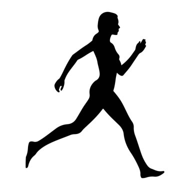 Hareket halindeki bir kadının siyah silueti, koşarken orta adımda yakalanmış. Vücudu zayıf ve atletik, kolları açık ve bacakları dinamik bir duruşta. Şekil ve hareketini vurgulayarak, düz beyaz bir arkaplan karşısında izole edilir..