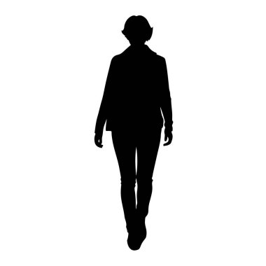 Beyaz bir arka planda yürüyen siyah bir kadın silueti. Kısa saçlı, pantolon ve ceket giyiyor. Vücut bütün ve izole..