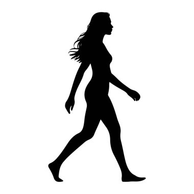 Profilde bir kadının siyah silueti beyaz arka planda soldan sağa doğru yürürken resmedilir. O hareket ederken onun uzun saçları arkasında akıyor. Çıplak ayaklı ve vücudu dinamik bir yürüyüş pozisyonunda..