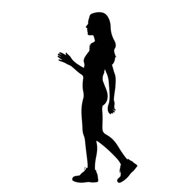 Beyaz bir arka planda soldan sağa doğru yürüyen siyah bir kadın silueti. Uzun saçları var ve günlük ayakkabılar giyiyor. Kolları doğal bir şekilde yürüyor..