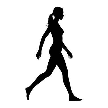 Profilde siyah bir kadın silueti yürürken resmedildi. Saçları at kuyruğu şeklinde geri çekiliyor. Şekil beyaz bir arkaplan üzerinde izole edilmiş, bir bacağı önde, diğeri de arkada dinamik bir adım sergiliyor..