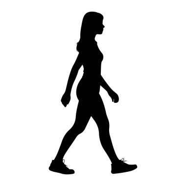 Soldan sağa yürüyen bir kadının siyah silueti beyaz bir arkaplanda gösteriliyor. Uzun saçları var ve spor ayakkabıları giyiyor. Vücudu profilde, bir bacağı önde, diğeri arkada, bu da hareketi gösteriyor..