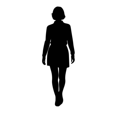 Beyaz bir arka planda yürüyen siyah bir kadın silueti. Onun kısa saçı var ve yakalı bir gömlek ve bir etek giyiyor. Kolları yanda ve bacakları yürüyen bir adımda..