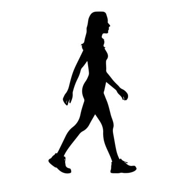 Beyaz arka planda soldan sağa doğru yürüyen siyah bir kadın silueti. Uzun saçları var ve spor ayakkabıları giyiyor. Vücudu profil görüntüsünde, bir bacağı önde, diğeri arkada hareket halinde..