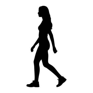 Beyaz arka planda soldan sağa doğru yürüyen siyah bir kadın silueti. Uzun saçları var ve spor ayakkabıları giyiyor. Vücudu profilde, bir bacağı önde, diğeri arkada hareket ediyor..