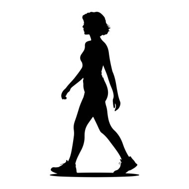 Beyaz arka planda soldan sağa doğru yürüyen siyah bir kadın silueti. Kısa saçları var ve atletik ayakkabılar giyiyor. Vücudu profilde, bir bacağı önde, diğeri arkada, bu da hareketi gösteriyor..