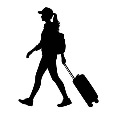 Soldan sağa yürüyen siyah bir kadın silueti. Beyzbol şapkası takıyor ve saçları at kuyruğu. Omuzlarında bir sırt çantası var ve tekerlekli bavulu sapından çekiyor. Giysileri gündelik görünüyor, spor ayakkabılarıyla.