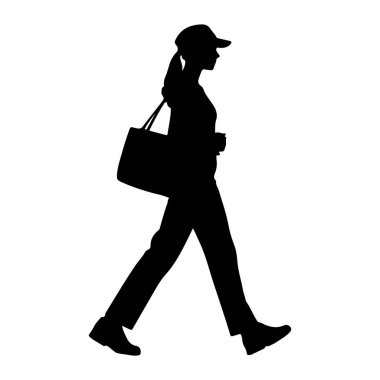 Soldan sağa yürüyen siyah bir kadın silueti. O bir beyzbol şapkası takıyor, saçını at kuyruğu şeklinde geri çekiyor. Sağ omzunun üzerinde asılı büyük bir çanta var ve sağ elinde bir şey tutuyor. Pantolon giyiyor. 