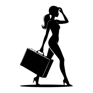 Elinde evrak çantasıyla yürüyen siyah bir kadın silueti. Yüksek topuklu ayakkabı giyiyor ve saçları at kuyruğu gibi. Siluet beyaz bir arkaplanda izole edilmiş..