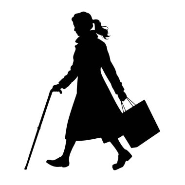 Soldan sağa yürüyen siyah bir kadın silueti. O uzun bir ceket giyiyor ve saçları at kuyruğu. O, sağ elinde bir alışveriş çantası ve sol elinde bir baston tutuyor. Arkaplan beyaz.