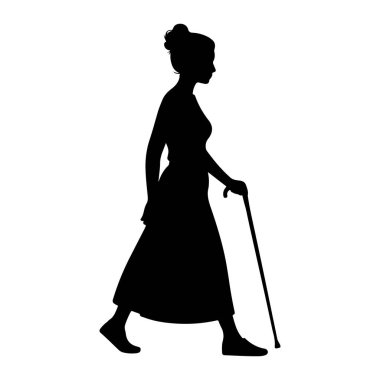 Profilde siyah bir kadın silueti yürürken resmedildi. Saçını topuz şeklinde yaptırıyor ve destek için sağ elinde bir baston tutuyor. Kadın uzun, dalgalı bir elbise giyiyor. Resim beyaz bir arkaplanda izole edilmiştir.