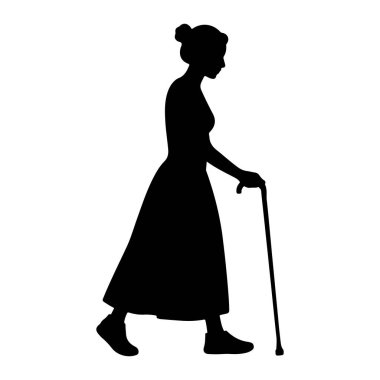 Bastonuyla yürüyen siyah bir kadın silueti. Profilde tasvir edilmiş, yüzü sağa dönük, saçı topuz şeklinde. O uzun bir elbise ve ayakkabı giyer ve destek için sağ elinde bir baston tutar. Resim beyaz bir arkaplanda izole edilmiştir.