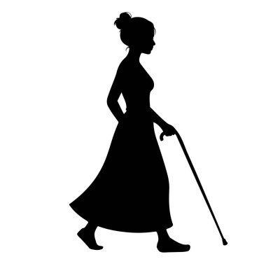 Profilde yürüyen siyah bir kadın silueti. Uzun, dalgalı bir elbise giyiyor ve sağ elinde bir baston tutuyor. Saçları topuz şeklinde. Resim beyaz bir arkaplanda izole edilmiştir.