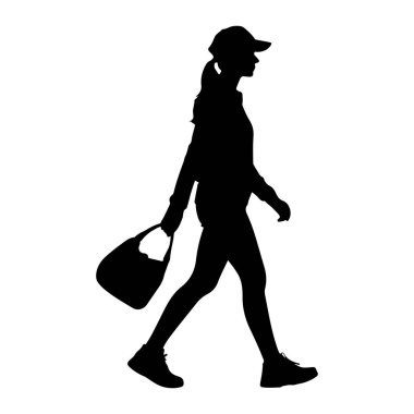 Soldan sağa yürüyen siyah bir kadın silueti. O bir beyzbol şapkası, kapüşonlu bir sweatshirt, şort ve spor ayakkabısı giyiyor. O, sol elinde bir el çantası taşıyor. Arkaplan beyaz.