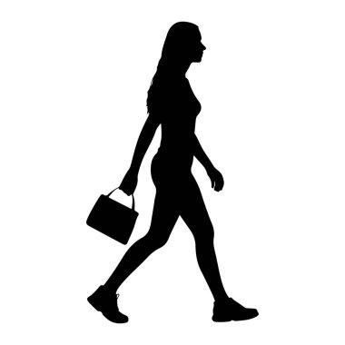 Soldan sağa yürüyen bir kadının siyah silueti beyaz bir arkaplanda gösteriliyor. Profilde resmedilmiş, yüzü sağa dönük, saçları sırtına doğru akmış. Kadın sol elinde bir çanta taşıyor ve spor ayakkabısı giyiyor.