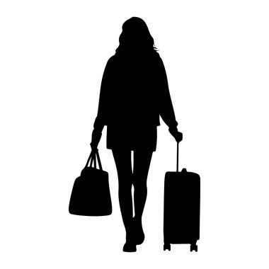 Beyaz bir arka planda yürüyen siyah bir kadın silueti. O, sol elinde bir spor çantası taşıyor ve sağ eliyle yuvarlanan bir bavul çekiyor. Onun saçı uzun ve dalgalı. Görüntü, nakledilen bir kişiyi tasvir ediyor.