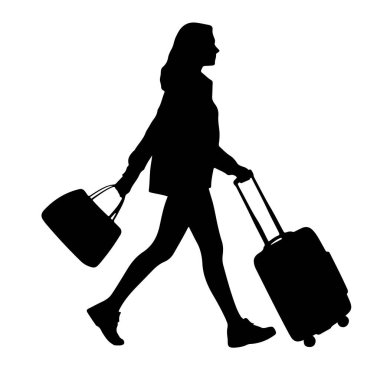 Soldan sağa yürüyen siyah bir kadın silueti. O günlük giysiler ve spor ayakkabıları giyiyor. Sağ elinde, yuvarlanan bir valizin sapını tutuyor ve sol elinde bir çanta taşıyor. Arkaplan düz beyaz.