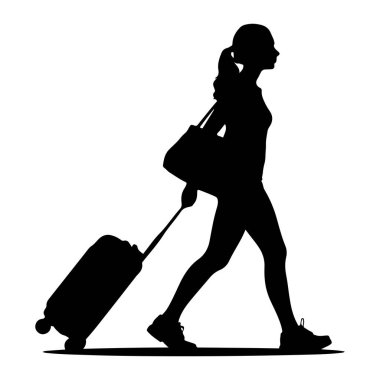 Soldan sağa doğru yürüyen, sağ eliyle tekerlekli bavulu çeken ve sol omzunda bir omuz çantası taşıyan bir kadının siyah silueti. O, atletik ayakkabılar giyiyor. Resim beyaz bir arkaplanda izole edilmiştir.