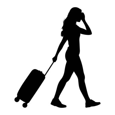 Tekerlekli bavulu çekerken yürüyen siyah bir kadın silueti. Sağ eli bavulun sapını tutuyor, ve sol eli de yüzüne yakın, muhtemelen güneş gözlüğü ya da saçlarını ayarlıyor. O günlük giysiler ve ayakkabılar giyiyor. Arka taraf.