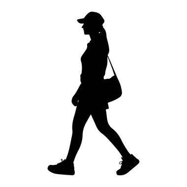 Soldan sağa yürüyen siyah bir kadın silueti. O bir beyzbol şapkası, kısa kollu bir gömlek, şort ve spor ayakkabıları giyiyor. Vücuduna bir omuz çantası saplanmış. Siluet beyaz bir arkaplanda izole edilmiş..