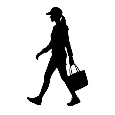 Soldan sağa yürüyen siyah bir kadın silueti. O bir beyzbol şapkası, uzun kollu bir gömlek veya kapüşonlu, şort ve spor ayakkabısı giyiyor. Saçları at kuyruğu şeklinde geri çekiliyor. O, sağ elinde büyük bir çanta taşıyor. Arka taraf.