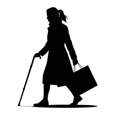 Soldan sağa yürüyen siyah bir kadın silueti. O uzun bir ceket giyiyor ve saçını at kuyruğu ile geri çekiyor. O, sol elinde bir baston ve sağ elinde bir alışveriş çantası tutuyor. Arkaplan beyaz.