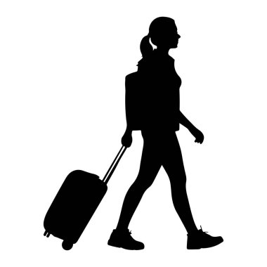 Soldan sağa yürüyen siyah bir kadın silueti. Sırt çantası takıyor ve sağ eliyle bavulu yuvarlıyor. Saçları at kuyruğu şeklinde geri çekiliyor. O, atletik ayakkabılar giyiyor. Arkaplan beyaz.