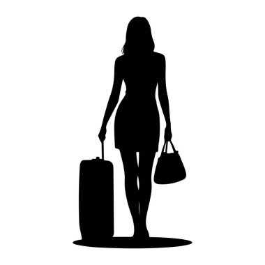 Siyah bir kadın silueti beyaz bir arkaplanda duruyor. O bir elbise giyiyor ve sağ elinde bir el çantası tutuyor. Sol eli, solundaki yuvarlanan bavulun sapında. Silüet temiz ve grafiksel, hiçbir şey yok.