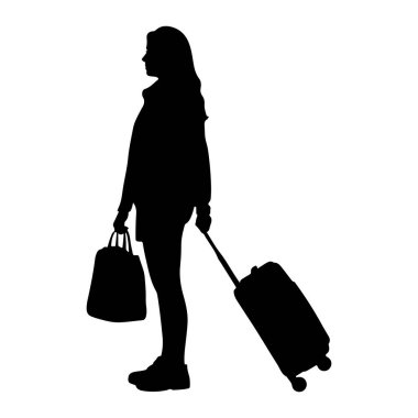 Siyah siluet bir kadın profilde duruyor, sola bakıyor. Sol elinde siyah bir çanta tutuyor ve sağ eliyle tekerlekli bavulu çekiyor. Kadın günlük giysiler ve ayakkabılar giyiyor. Arkaplan düz beyaz.