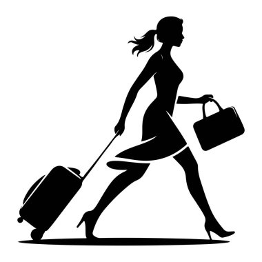 Profilde siyah bir kadın silueti, bir bavul ve bir el çantasıyla yürürken resmedildi. O bir elbise ve yüksek topuklu ayakkabı giyiyor, saçları at kuyruğu ile bağlanmış. Resim, beyaz bir arkaplana karşı bir grafik çizimi, bir S iletisi