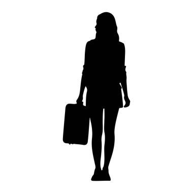 Ayakta duran ve yana bakan siyah bir kadın silueti. Uzun saçları var ve günlük giysiler giyiyor. Sağ elinde bir bavul tutuyor. Arkaplan beyaz.