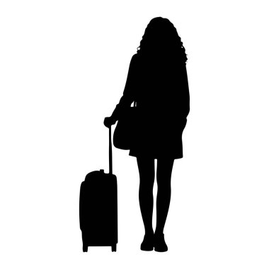 Beyaz arka planda duran siyah bir kadın silueti. Uzun, dalgalı saçları var ve bir ceket ya da elbise giyiyor. Sağ eliyle yuvarlanan bir valizin sapını tutuyor ve sol omzunda asılı bir el çantası var. Bacakları görünüyor.