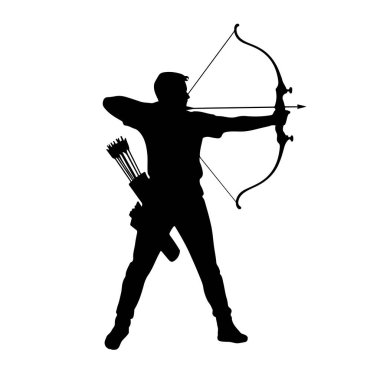 Önüne doğru ok ve yay çeken siyah bir siluet. Okçu sırtında ok dolu bir ok ile bir tişört ve pantolon giyer. Yay gergin, ok bağlanmış ve hazır. Bacakları açık duran figür.